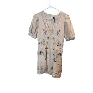 Anthropologie Dress Womens Size 0 Embroidered Lace Boho Puff Sleeve Ivory V Neck